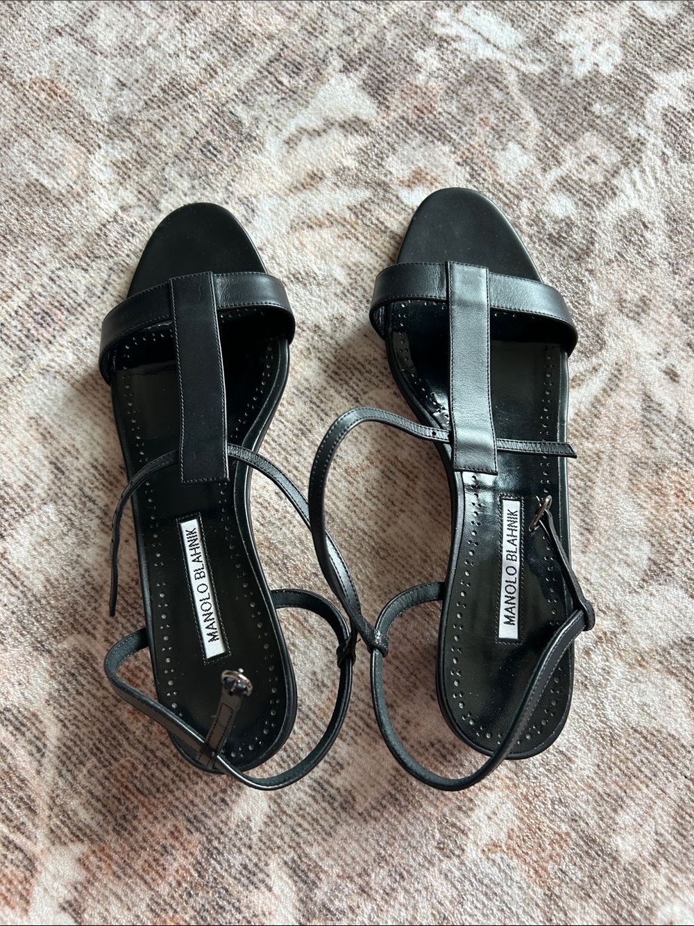 Manolo Blahnik Black Leather T-Strap Sandals with Ankle Strap